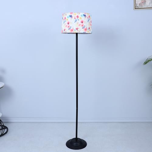 Image of tu casa Black Metal-Iron Base Foldable Floor Lamps with Flower Print & Satin Shade for Bedroom, Living Room, Lounge, Office Area, Gifting Without Bulb for Home Decoration (Height - 53 inch)
