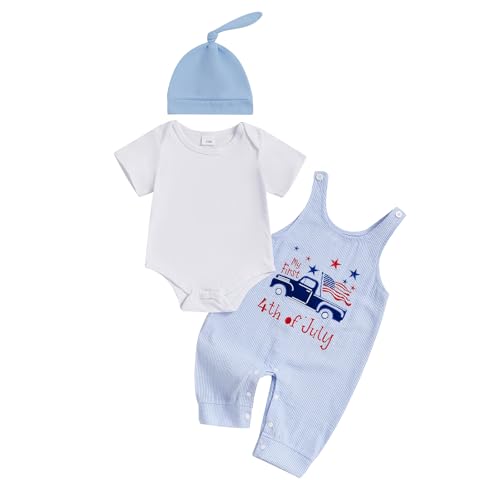 My Firist 4th of July Baby Boy Outfit Newborn Romper + Plaid Flag Overalls+ Hat 3Pcs Boy Fourth of July Outfit (First 4th of july, 12-18 Months)