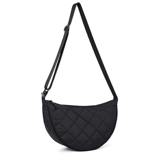 Halbmond Crossbody Bag Damen Umhängetasche Mittelgroß Nylon Gesteppte Tasche Damen Puffer Bag Hobo Shopper Tasche Schultertasche mit Verstellbarem Schultergurt für Uni Arbeit Reisen Alltag (Schwarz)
