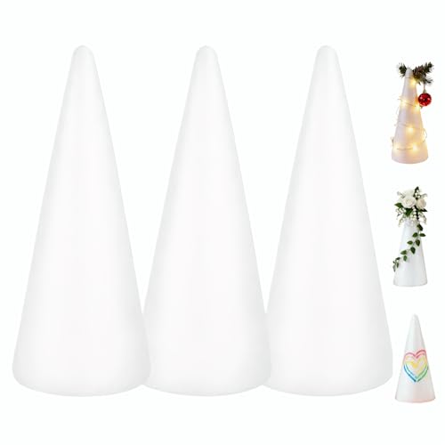 TOPBATHY 3Pcs White Polystyrene Foam Cones 30cm Foam Cones for Crafts Childrens Educational Projects for Christmas Table Centerpiece Wedding Decoration