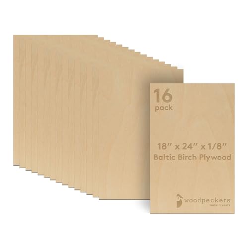 3 mm Baltic Birch Plywood 1/8 x 18 x 24 Inch, Box of 16 B/BB Grade Craft Wood, Stronger Than Basswood Sheets, for Laser, CNC Cutting and Wood Burning, by Woodpeckers