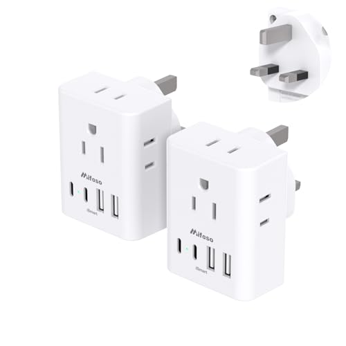 2 Pack US to UK Ireland Travel Plug Adapter, Type G Plug Adapter with 4 Outlets 4 USB Ports (2 USB...