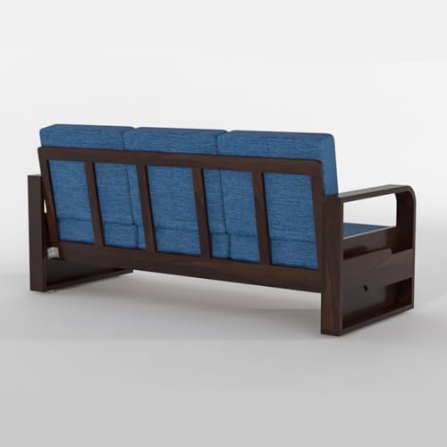 Image of Solid Sheesham Wooden 5 Seater Sofa Set for Living Room | Sofa Set with Side Pocket Storage & Cushion | Rosewood Sofa Set for Home (Walnut with Blue Cushion, 5 Seater)