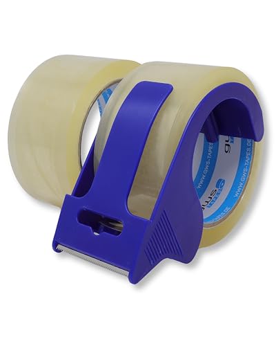 gws Verpackungs-Set mit robustem Büro/-Home Abroller und 2 Rollen Transparent 66m x 50mm zum Verpacken von Paketen - Hohe Klebekraft - Einfache Bedienung - Profi-Qualität