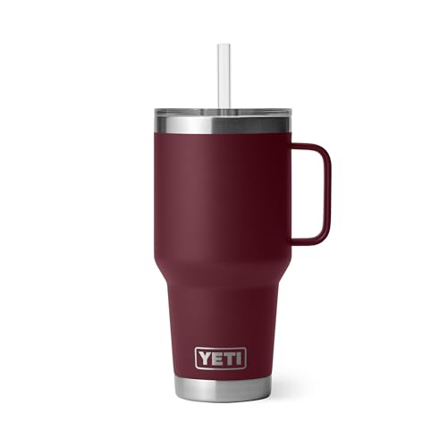 Image of YETI Rambler 35 oz Tumbler with Handle and Straw Lid, Travel Mug Water Tumbler, Vacuum Insulated Cup with Handle, Stainless Steel, Wild Vine Red