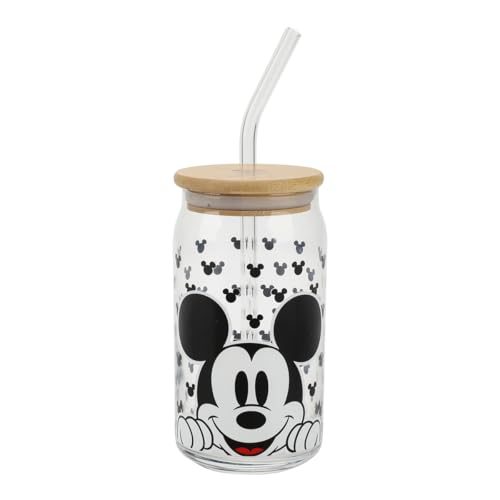 Disney Mickey Mouse Big Face 15 Oz Glass Bottle With Straw & Lid