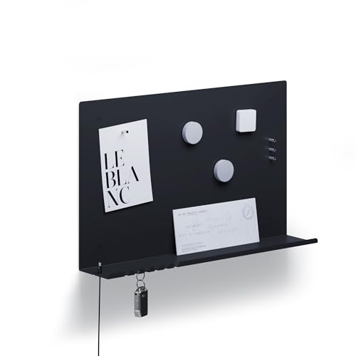 Pizarra magnética con imanes, organizador de llaves, estante para teléfono con soporte para cables, 49 x 30 cm, color negro