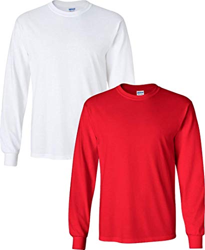 Gildan Ultra Cotton Long Sleeve T-Shirt 2-Pack - 100% Cotton, Red, Medium