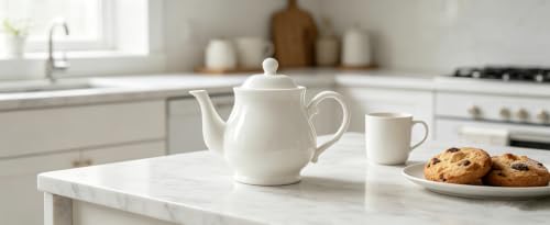 Image of White Porcelain Teapot, Lotus Tea Pot Coffee Tea Water Pot Vintage Ceramic Gooseneck Kettle (26oz)