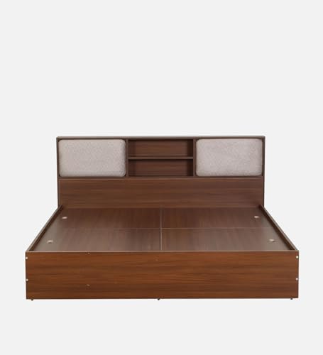 Image of Mintwud Pepperfry Yokohama Queen Size Bed in Planked Walnut Finish with Box Storage & Upholstered Headboard Storage | Stylish & Functional Wooden Bed with Ample Storage Space