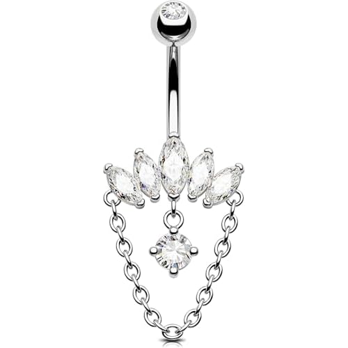 OUFER 316L Surgical Steel Belly Button Rings, Dangling Chains Belly Rings for Women, 14G Navel Piercing Jewelry, Marquise Dangle Curved Barbells Silve