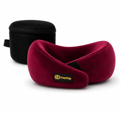 Image of Neck Pillow, Travel Neck Pillow with 100% Hi-Per Foam Memory Foam, Lightweight Neck Support Pillow for Flight Travel, Adjustable Velcro Straps, Free Travel Pouch, Bed, Car Neck Pillow (Wine)