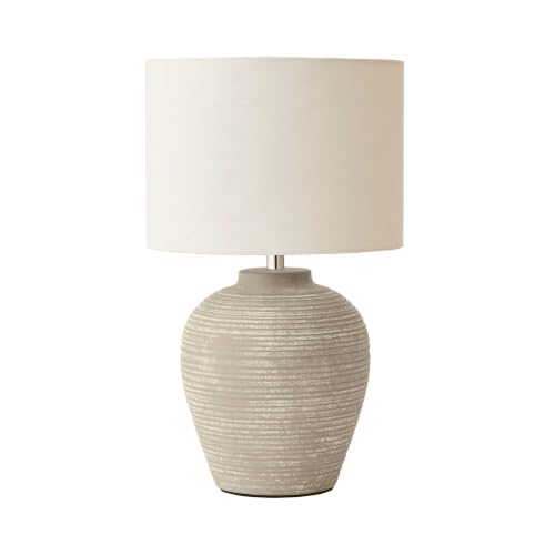 ValueLights | Reid Linen Drum Lamp Shade Stone Grey Ribbed Ceramic Small Table Lamp | Table Lamps Home Décor & Improvement Essential
