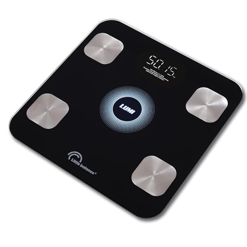 LITTLE BALANCE 8861 i-Lumi, Pèse-personne connecté, Balance Impédancemètre connectée, 14 données corporelles, 180 kg, Verre trempé, Noir