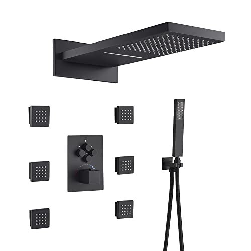 Sistema de ducha rectangular 9 x 22 pulgadas Cascada con monocomando y 4 botones para 4 funciones (lluvia, cascada, jets corporales y ducha manual) en negro mate miniatura 1
