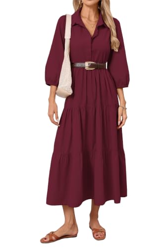 Image of Women Button Down Maxi Shirt Dress Long Sleeve Flowy Tiered Collared Dresses with Pockets