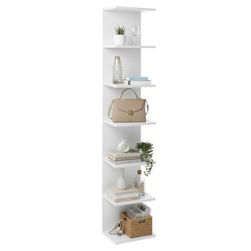 Image of BREEZENEST 7 Tier Wall Shelf Bookcase Wall Mounted Wall Mounted Bookcase Storage Organizer Floating Shelves Unit Vertical Storage Organizer Tower for Bedroom Living Room Kitchen Office Decor White