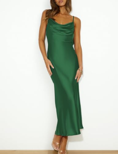 Image of Summer Satin Spaghetti Strap Cowl Neck Backless Midi Dresses for Women Elegant Tie Low Back Ruched Cocktail Dress