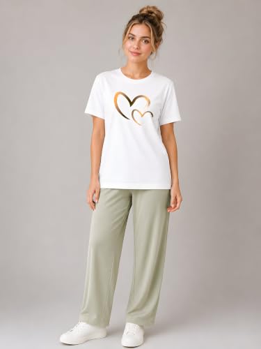 Image of ELVIA Women's Pure Cotton Top and Pyjama Co-Ord Set | Double Heart Graphic Printed Night Suit | Regular Fit Half Sleeve Round Neck T-Shirt with Pajama Sleepwear Loungewear Set