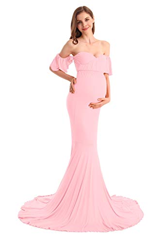 AYMENII Vestido de maternidad con hombros descubiertos y manga caída para fotografía, vestido de novia de sirena, vestido de sesión de fotos - rosa - Small