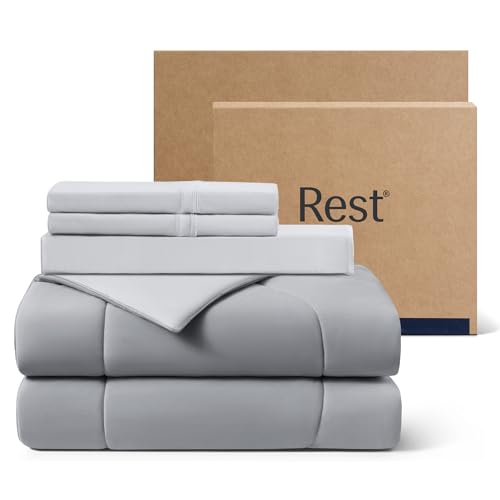 Rest Evercool+ Cooling Comforter Set King Size Light Gray 4pcs with Cooling Blanket Wrinkle-Free Deep Pocket Fitted Sheet 2 Silver-Infused Pillowcases for Skin and Hair Bed Set for Ultra Comfort