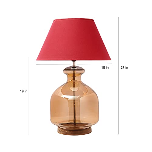 Image of Alper Amber Luster Glass Table Lamp with Maroon Cotton Shade | Modern Designer Bedside & Living Room Decorative Table Light (Bulb Included)