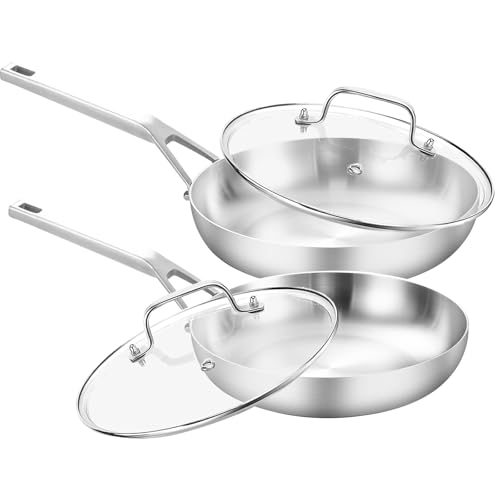 Image of Yeksum Tri - Ply Stainless Steel Frying Pan Set 8" 10" Skillets with Tempered Glass Lids Durable, Ideal for Eggs, Induction Compatible up to 600°F