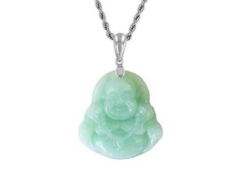 Laughing Buddha Lime Mint Green Jade Pendant Necklace Rope Chain Genuine Certified Grade A Jadeite Jade Hand Crafted, Jade Necklace, 14k White Gold Finish Silver Laughing Jade Buddha necklace