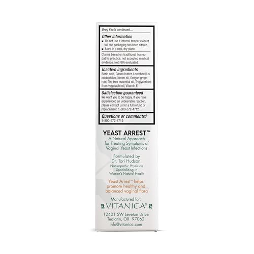 Image of Vitanica Yeast Arrest, Homeopathic Vaginal Suppositories, for Yeast Infection Symptoms, Relieves Burning, Itching & Discharge, with Boric Acid, Tea Tree Oil & Probiotics, Vegan (Yeast Arrest, 14)
