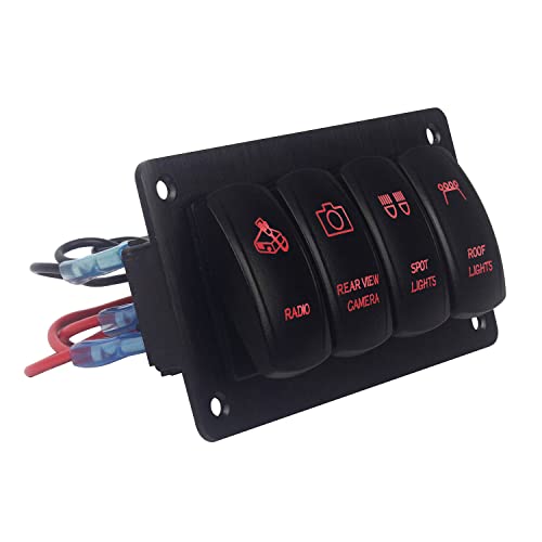 Image of 4 Way Customizable Red Marine Boat Rocker Switch Panel with Aluminum Mounting Housing Pre-Wired Toggle Switch Panel for Car Truck Jeep Van Lorry Pickup RZR Dash Waterproof 12V 24V