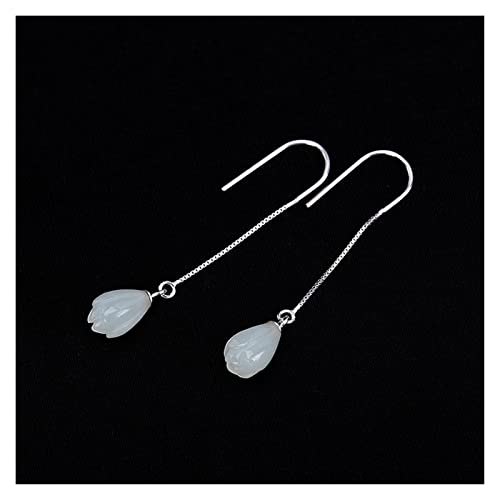 Boucles d'oreilles en Jade Hetian blanc et argent S925 pour femme avec pendentif magnolia