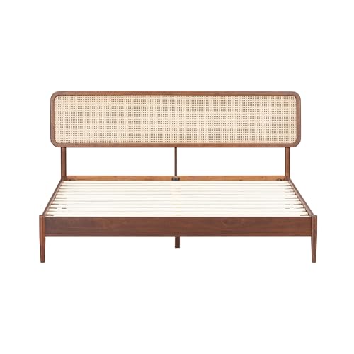 Image of NTC Lupin Wooden Bed Frame with Headboard and Natural Rattan, Solid Oak /Rubber Wood Foundation with Silent Slats, 1000 Lb Capacity, Effortless Assembly (Natural Cane - Dark Walnut, King)