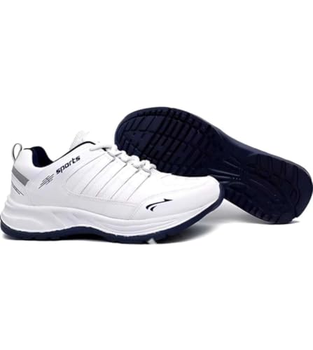 Image of Men's Sports Running Shoes, White and Navy, Memory Foam Insole, Lace-up Closure, Size 6 UK