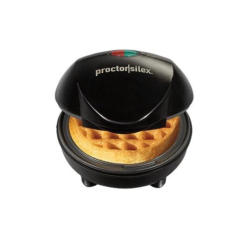 Proctor Silex Mini Waffle Maker Machine with 4” Round PFAS Free Non-stick Grids, Make Personalized Individual Breakfast Keto Chaffles and Hashbrowns, Compact, 400 watts, Black (26100MNC) by Proctor Silex - Used condition - CA$12.43
