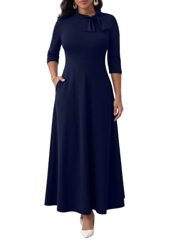 Image of FANDEE Maxi Long Dress Women, Church A Line Bow Tie Neck Casual Dresses | 3 /4 sleeve with pockets, tea party elegant wedding guest semi formal bridesmaid dress, m-3xl, machine wash