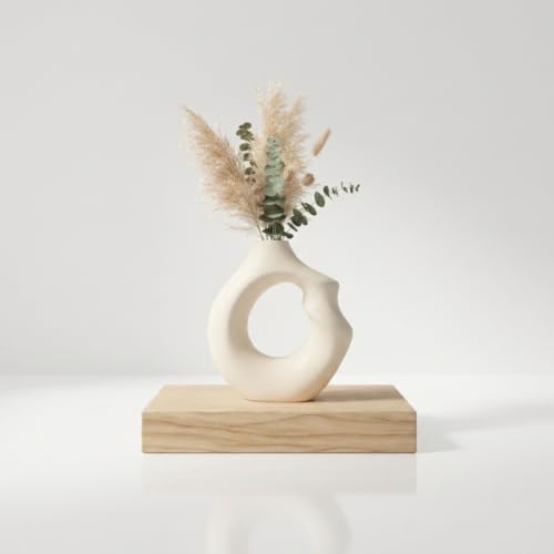 Image of Abstract Ceramic Donut Vase 6 Inch | Modern Nordic Pampas Grass Vase for Home Decor | Decorative Flower Vase for Living Room, Bedroom, Office, Center Table | Matte White
