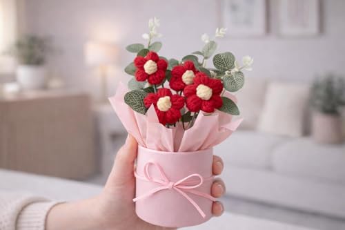 Image of Raggle Red Artificial Flower Crochet Flower Bouquet /Artificial Flowers Bunch /Crochet Flowers Bouquet /Crochet Flowers /Flowers Bouquet Gift for Girls Home Decor (1, Red)