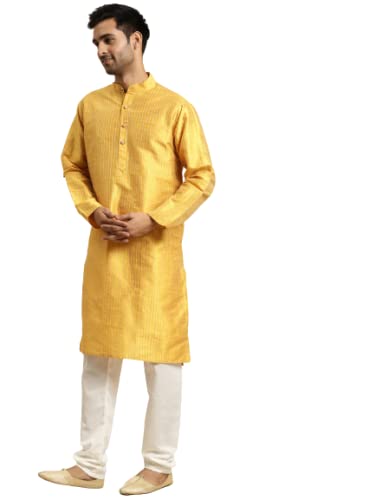 Sojanya (Since 1958 Men'S Silk Blend Striped Kurta & Off White Churidaar Pyjama Set