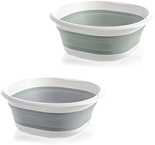 Collapsible Round Washing Up Bowl26CM Multipurpose Folding Travel Camping Hiking Caravan Portable Wash Up Bowl Foldable Shopping Bag Home Kitchen Space Saving Storage Container (2 PCS Grey+Blue)