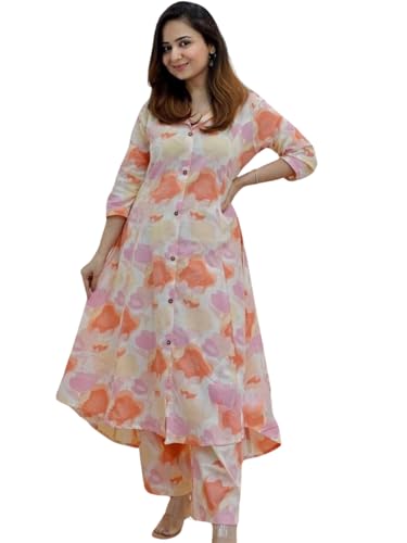 Image of DHRUVI TRENDZ Anarkali Kurta-Set for Women - Viscose Rayon Printed Kurta & Straight Pant | Festive Ethnic Indian Traditional Outfit for Functions & Puja | Lightweight Two Piece Dress for Daily Wear & Holiday Look | 3 /4 Sleeve