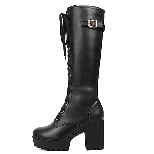 Image of Parisuit Women's Knee High Goth Platform Boots Lace Up Combat Boots