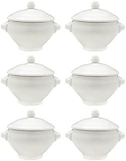Vikko Soup Crocks With Lion Lids, 14 Ounce White Soup Bowl with Cover, Set of 6 Soup Dishes, Dishwasher Safe, Sturdy Design