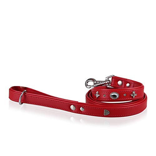 MICHUR Julieta Leine, Hundeleine Leder, Lederleine Hund, PASSEND ZUM Halsband Julieta, Rot, Leder, mit Lilien,Strasssteinen und großem Kristall, in verschiedenen Größen erhältlich