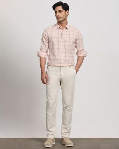 Image of MUFTI Men Smart Casual Shirt | Slim Fit Full Sleeve Spread Collar Windowpane Checks | Cotton Linen Blend Button Placket with Embroidery for Office Wear