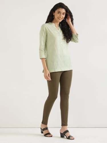 Image of SAADAA Women Short Kurti Airy Linen Regular Fit Kurta with 3 /4th Sleeves, Mandarin Collar, Side Slit Perfect for Casual, Formal, and Ethnic Wear