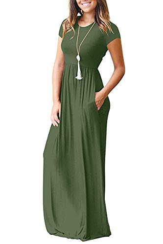 AUSELILY Women Short Sleeve Loose Plain Casual Long Maxi Dresses with Pockets