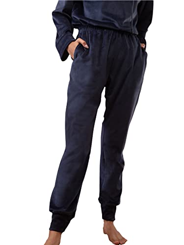 NYKD Elegante pijama casual de noche de terciopelo sólido para mujer con cintura elástica, bolsillos, ajuste relajado - NYS049, Azul Marino, S