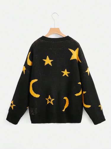 WDIRARA Women's Plus Size Star Moon Graphic Sweater Crew Neck Long Sleeve Knit Pullovers Top2