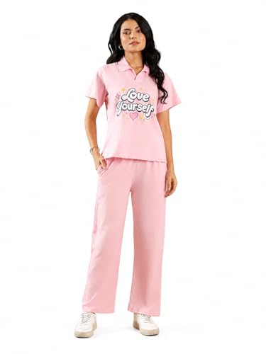 Image of Kvetoo Women Solid Tracksuit Set Cotton Lounge Wear Set Half Sleeve Polo T-Shirt & Straight Pant Casual Travel Outfit