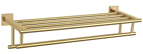 Bathroom Towel Shelf With Holder, Angle Simple Sus304 Stainless Steel Bath Towel Rack With Double Towel Bar, Wall Mount, Brushed Gold, 24-Inch #TOP7